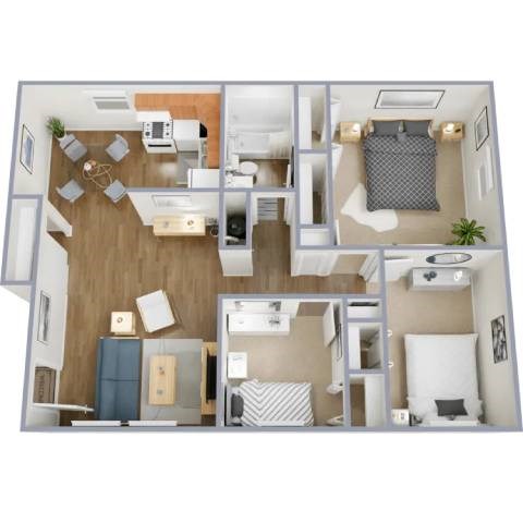A top-down view of a small apartment with a kitchen, living room, and bedroom.